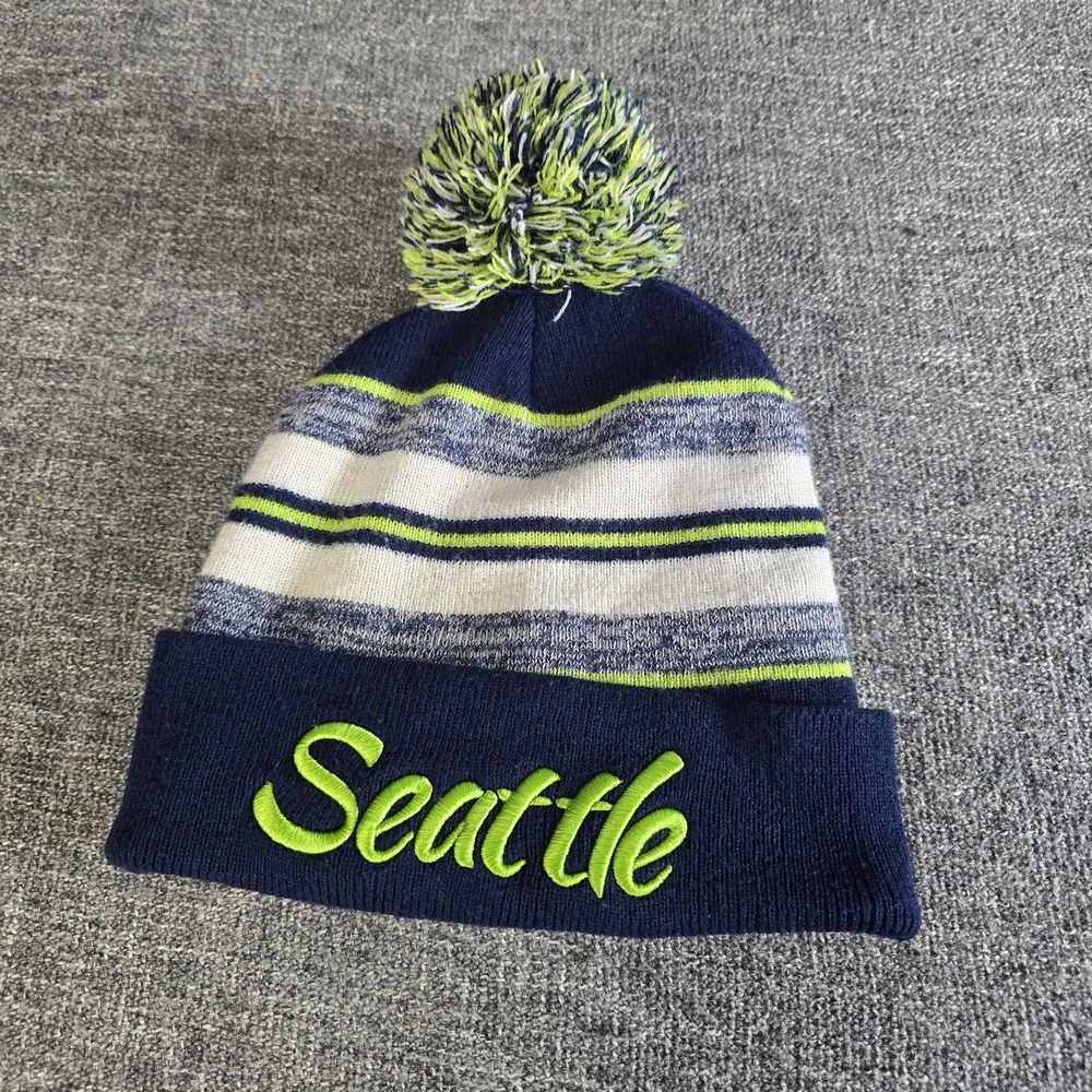 Seattle Pom Beanie Hat Mens Cuffed Seahawks Colors Stripe Knit Cap One Size